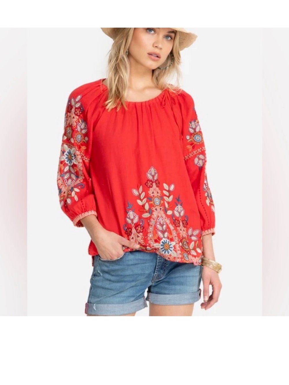 Johnny Was Red Embroidered Peasant Tunic